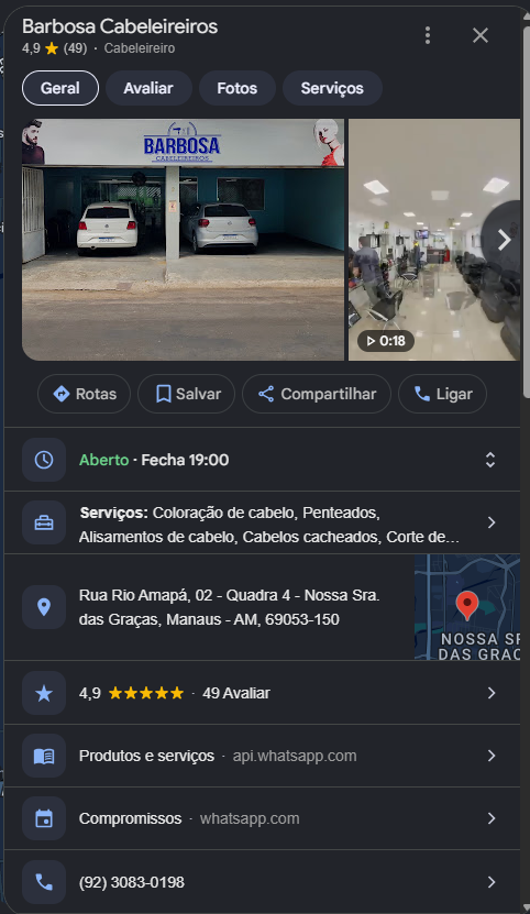 Perfil do Barbosa Cabeleireiros no Google com nota 4,9
