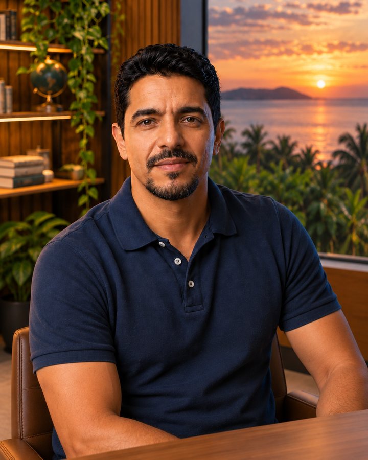 Eduardo Campelo sentado à mesa do escritório, com vista para o rio ao entardecer