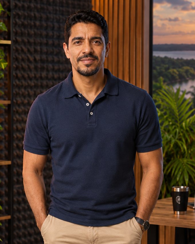 Eduardo Campelo em pé no escritório
