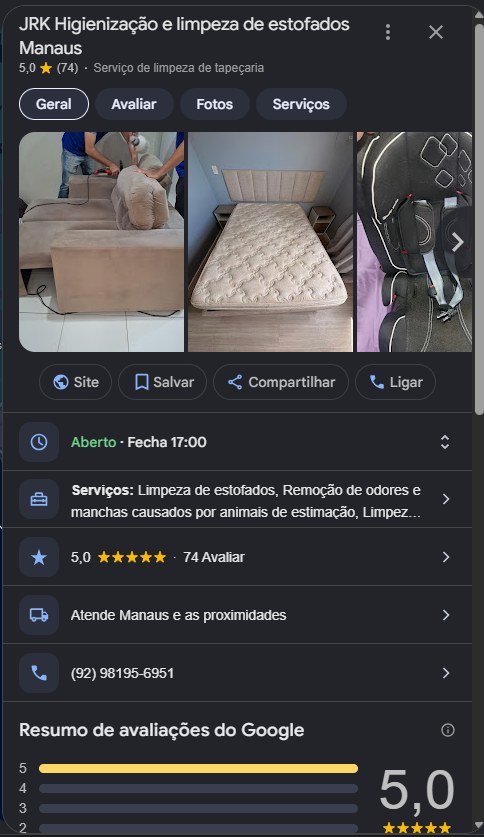 Perfil da JRK Higienização no Google com nota 5,0