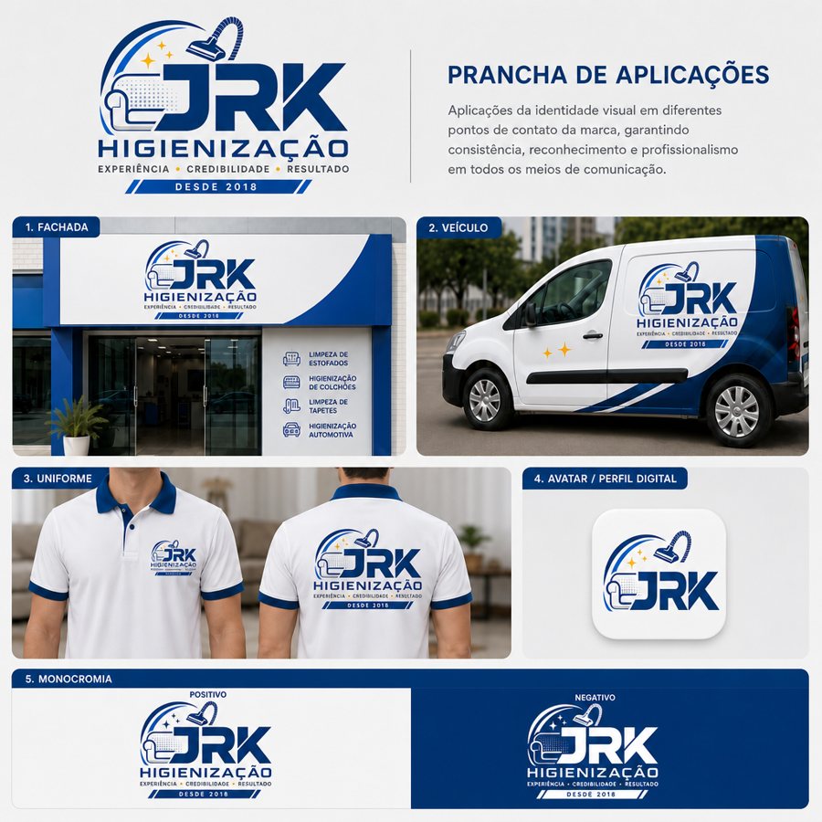 Prancha de aplicações da marca JRK Higienização: fachada, veículo, uniforme, avatar digital e versões positiva e negativa