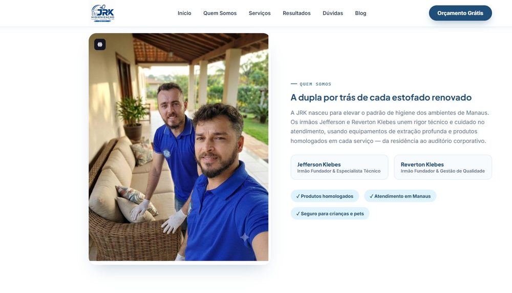Landing page da JRK Higienização com os sócios Jefferson e Reverton