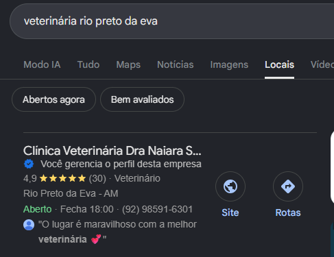 Busca por veterinária em Rio Preto da Eva com a clínica em primeiro lugar