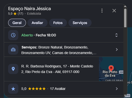 Perfil do Espaço Naira Jéssica no Google com nota 5,0